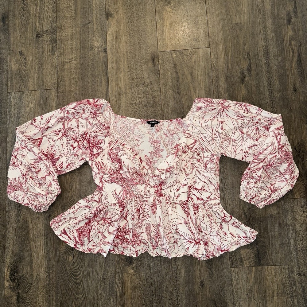 Express Womens L Balloon Sleeve Tropical Top deep Neck Crop Boho Hippie Festival